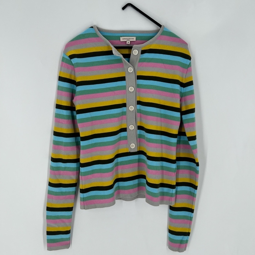 Natasha Zinko Rare Striped Knit Multicolor Button Front Henley Sweater